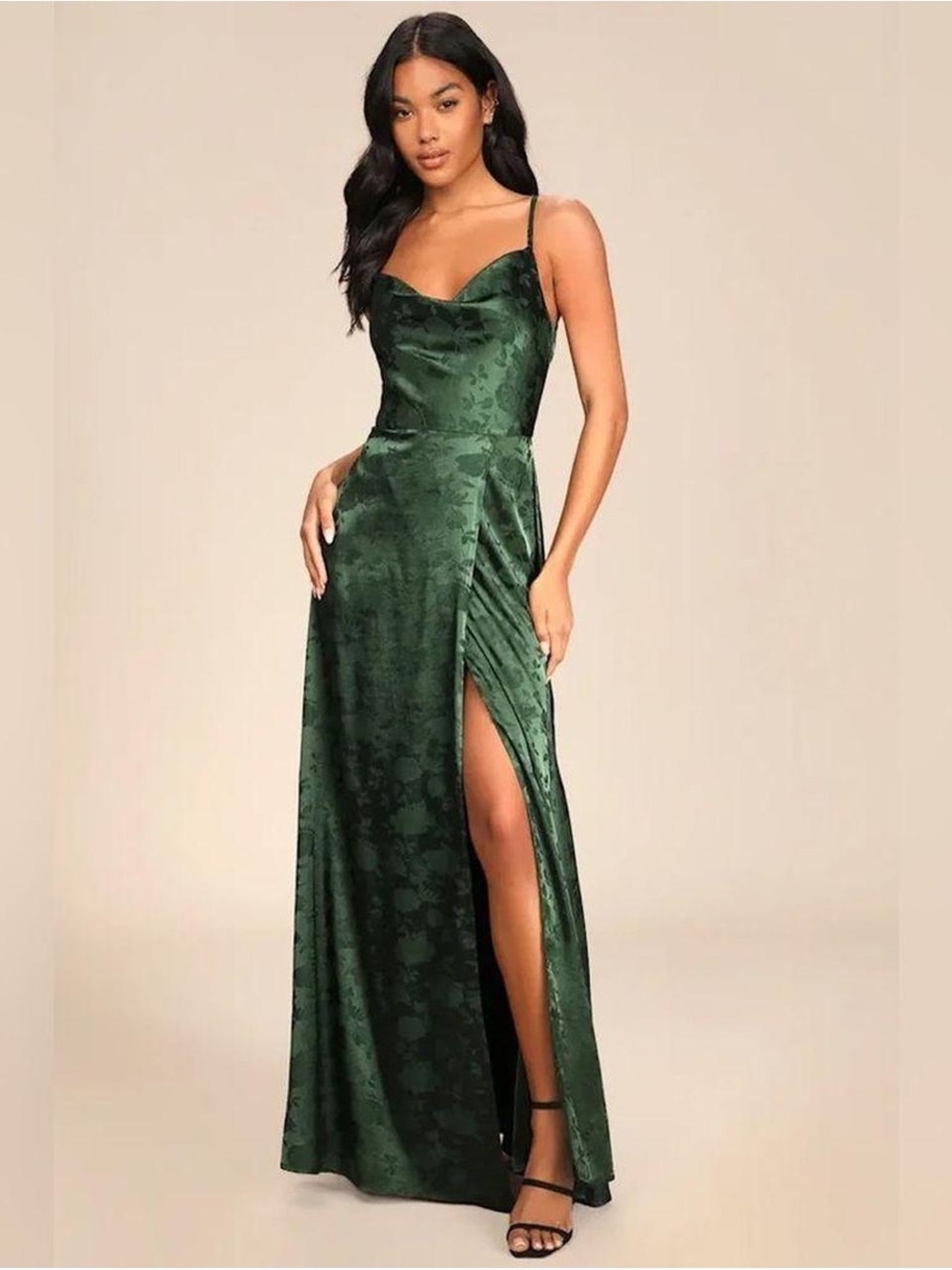 Lulu's Emerald Green Satin Cowl Neck Maxi Dress with Side Slit